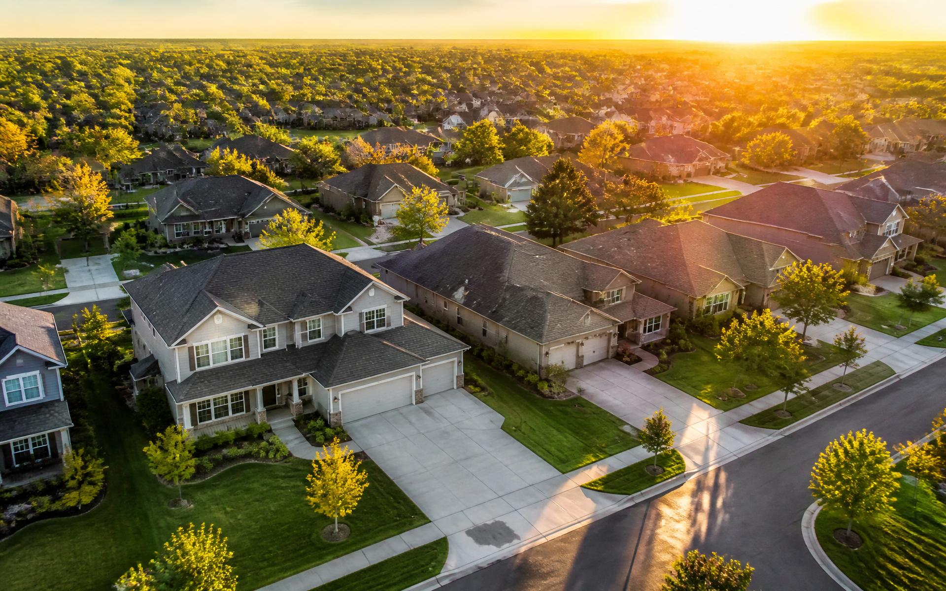 American neighborhood at golden hour